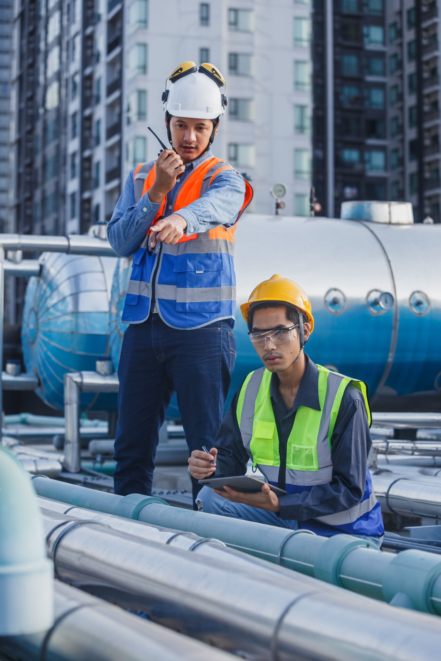 Two industrial engineers wearing safety gear inspect a rooftop mechanical system.