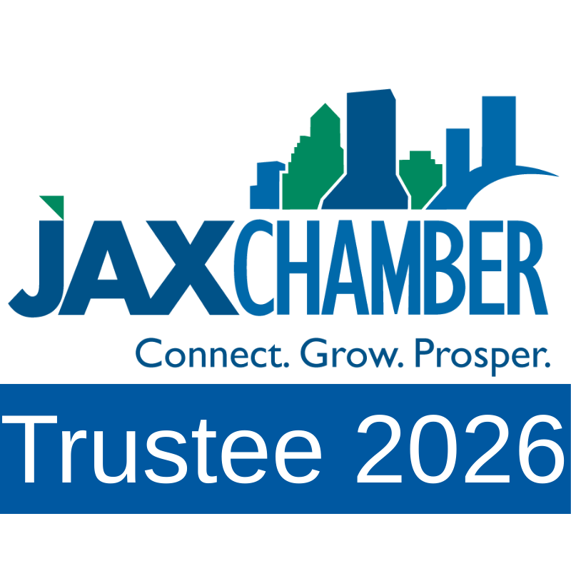 JAX Chamber logo featuring a blue and green Jacksonville skyline, the words “JAX Chamber,” the tagline “Connect. Grow. Prosper.” and a blue banner reading “Trustee 2026.”